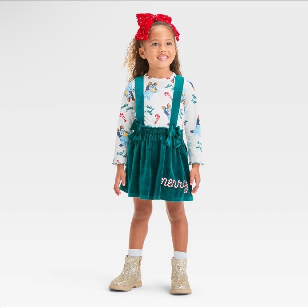 NWT Toddler Girls' Bluey Christmas 2pc Long Sleeve Top and Skirtall Set Green 3T